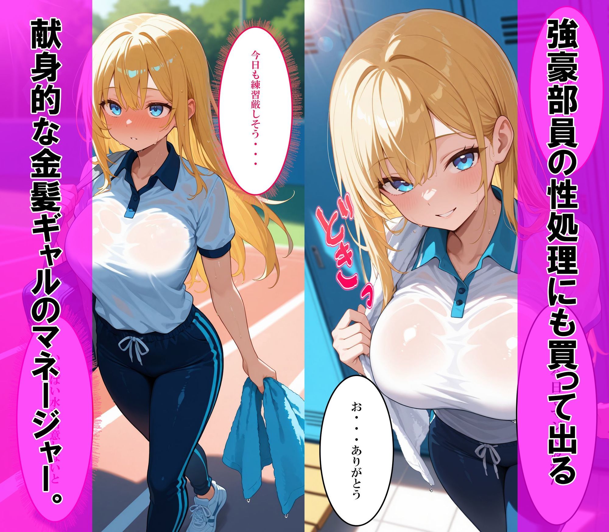 【セリフ付き】巨乳マネージャーが部員たちの性処理！？まわされ大量ぶっかけご奉仕SEX サンプル1ページ目