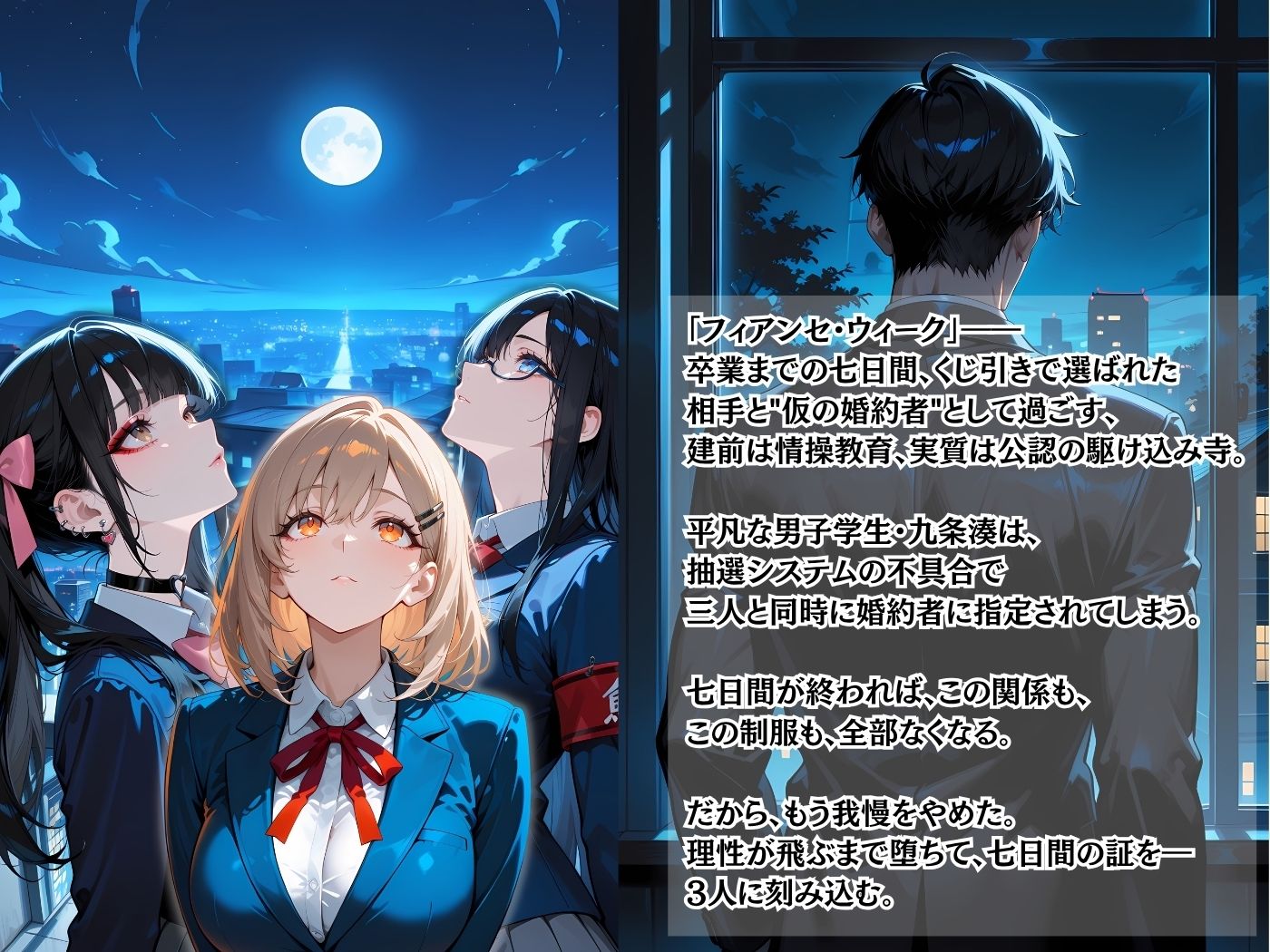 【セリフ付き500枚】フィアンセ・ウィーク 〜卒業前の七日間、’仮の婚約者’の三人が堕ちて「種付けして」と強請るまで〜 サンプル1ページ目