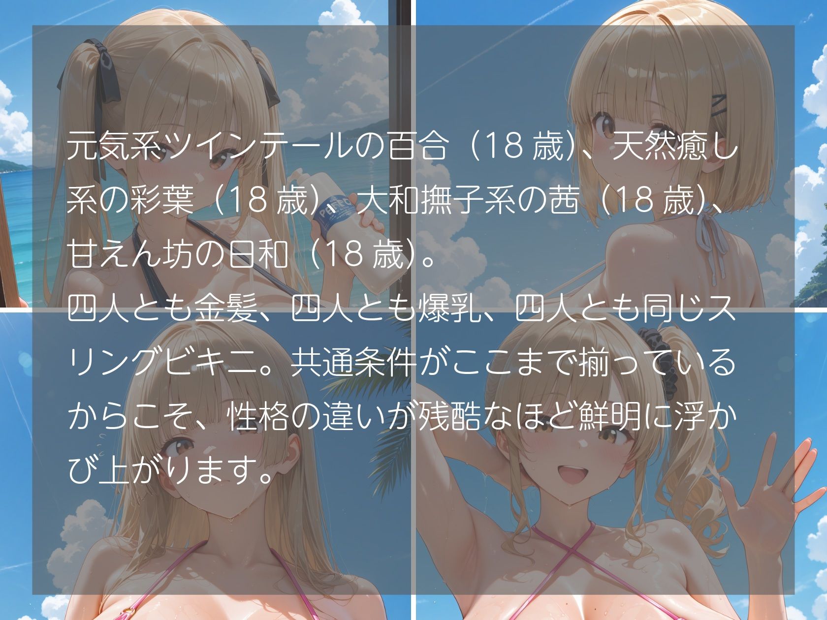 金髪義妹4人のスリングビキニ 同じ布なのに、隠し方が全員違う件 サンプル1ページ目