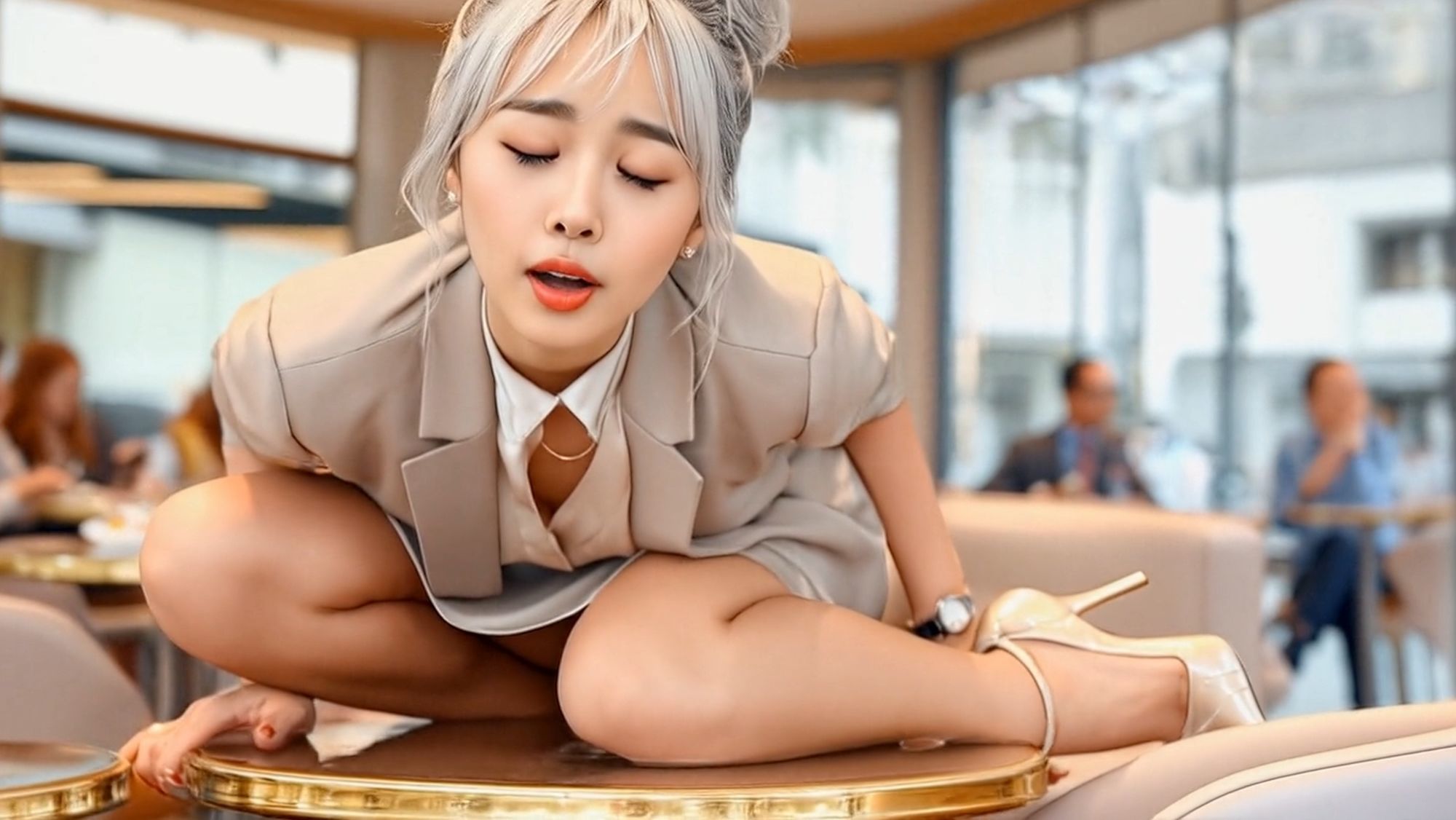 妄想34 OLがカフェでテーブルに上がっておしっこ AI生成動画 サンプル3ページ目