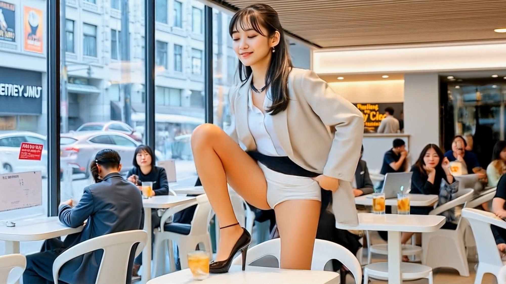 妄想34 OLがカフェでテーブルに上がっておしっこ AI生成動画 サンプル4ページ目