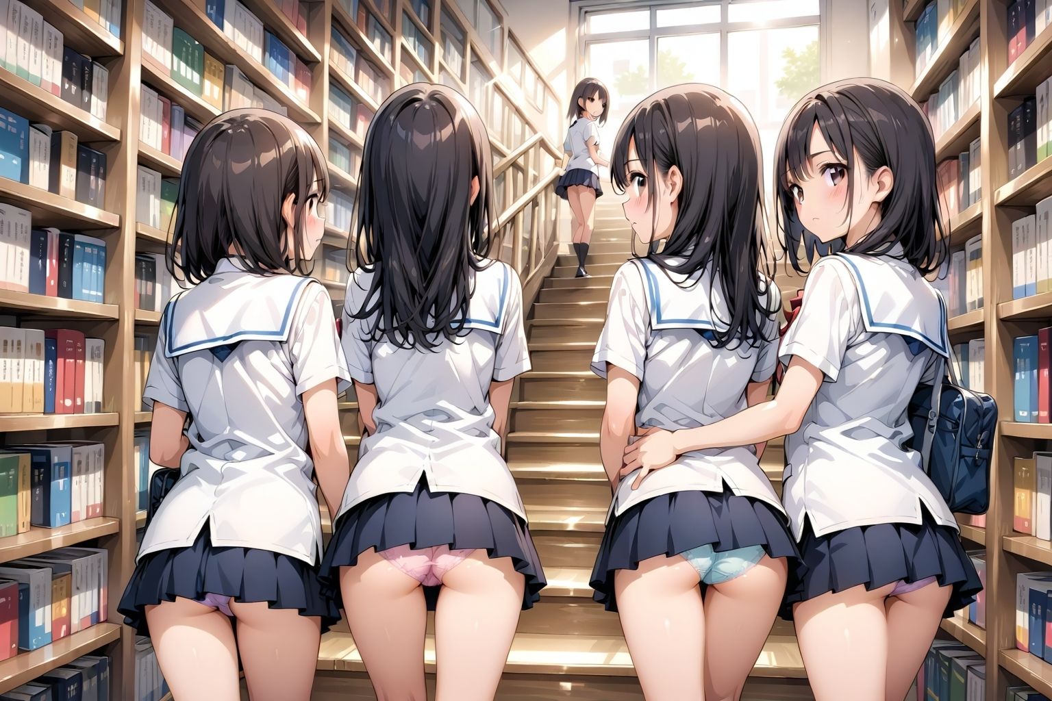 【アニメ2分、イラスト51枚】制服ミニスカ♪階段パンチラ♪本日は当女子学園の図書館開放日でございます♪本だけでなく、発育のよい女子学生たちのミニスカートのなかでムニュムニュ動くお尻や、ワレメにムチムチくい込む生パンツも、ごらんいただけます♪ サンプル3ページ目