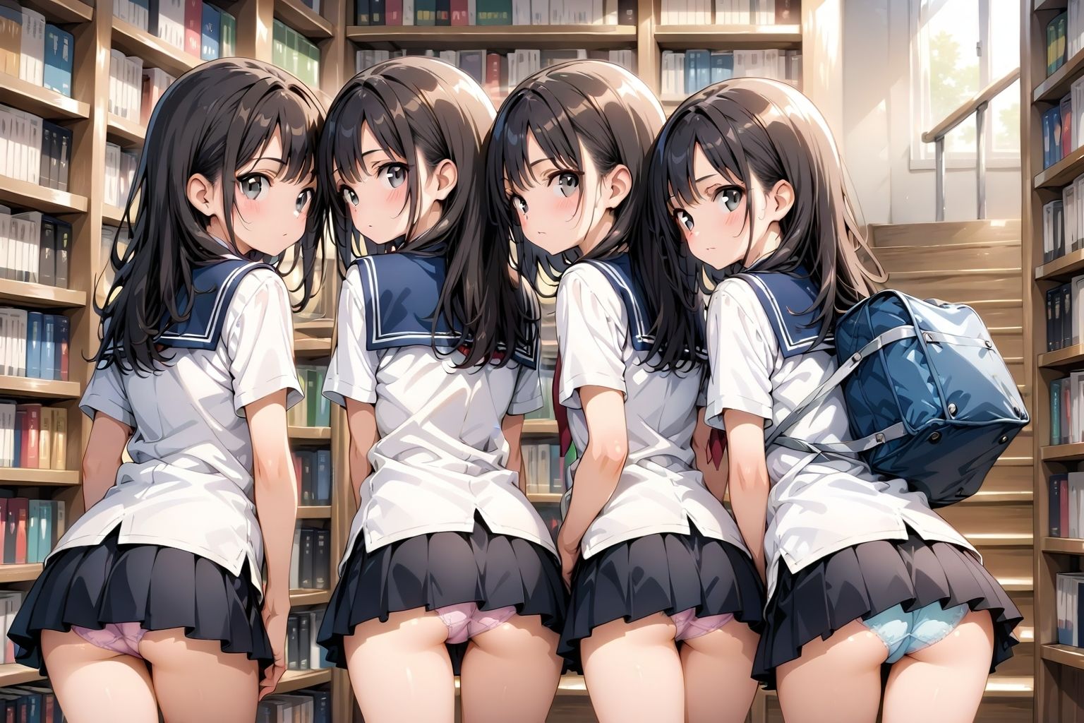 【アニメ2分、イラスト51枚】制服ミニスカ♪階段パンチラ♪本日は当女子学園の図書館開放日でございます♪本だけでなく、発育のよい女子学生たちのミニスカートのなかでムニュムニュ動くお尻や、ワレメにムチムチくい込む生パンツも、ごらんいただけます♪ サンプル7ページ目