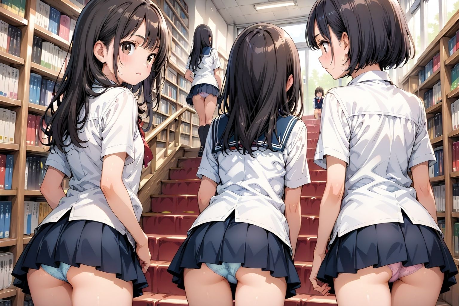 【アニメ2分、イラスト51枚】制服ミニスカ♪階段パンチラ♪本日は当女子学園の図書館開放日でございます♪本だけでなく、発育のよい女子学生たちのミニスカートのなかでムニュムニュ動くお尻や、ワレメにムチムチくい込む生パンツも、ごらんいただけます♪ サンプル8ページ目