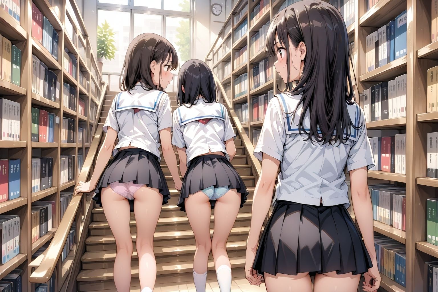 【アニメ2分、イラスト51枚】制服ミニスカ♪階段パンチラ♪本日は当女子学園の図書館開放日でございます♪本だけでなく、発育のよい女子学生たちのミニスカートのなかでムニュムニュ動くお尻や、ワレメにムチムチくい込む生パンツも、ごらんいただけます♪ サンプル9ページ目