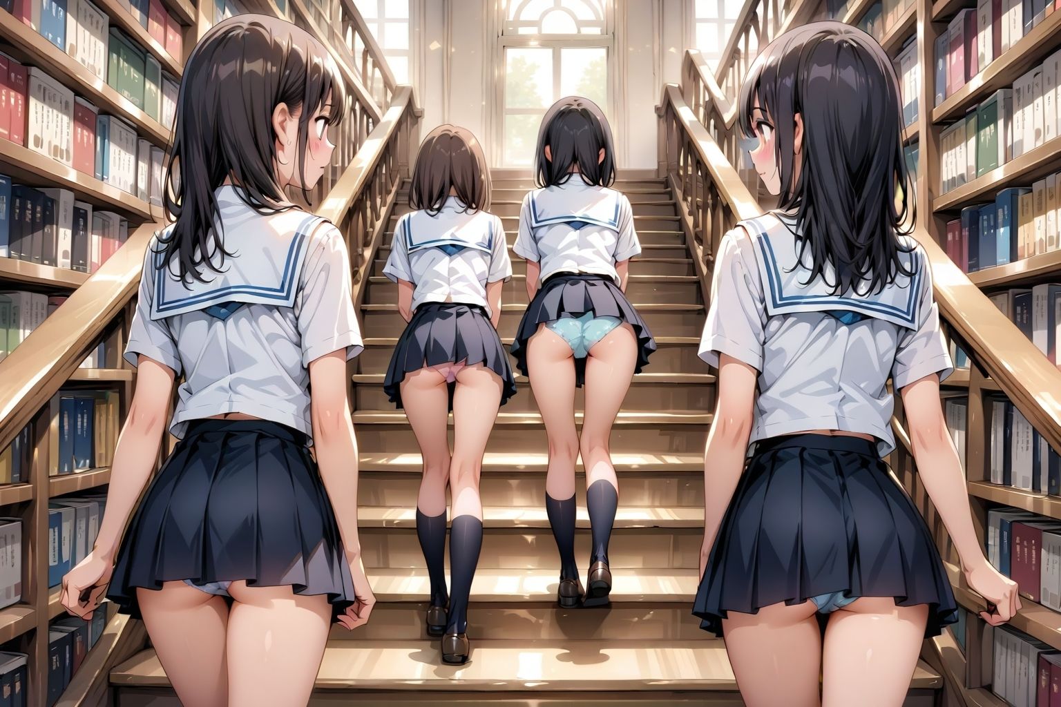 【アニメ2分、イラスト51枚】制服ミニスカ♪階段パンチラ♪本日は当女子学園の図書館開放日でございます♪本だけでなく、発育のよい女子学生たちのミニスカートのなかでムニュムニュ動くお尻や、ワレメにムチムチくい込む生パンツも、ごらんいただけます♪ サンプル10ページ目