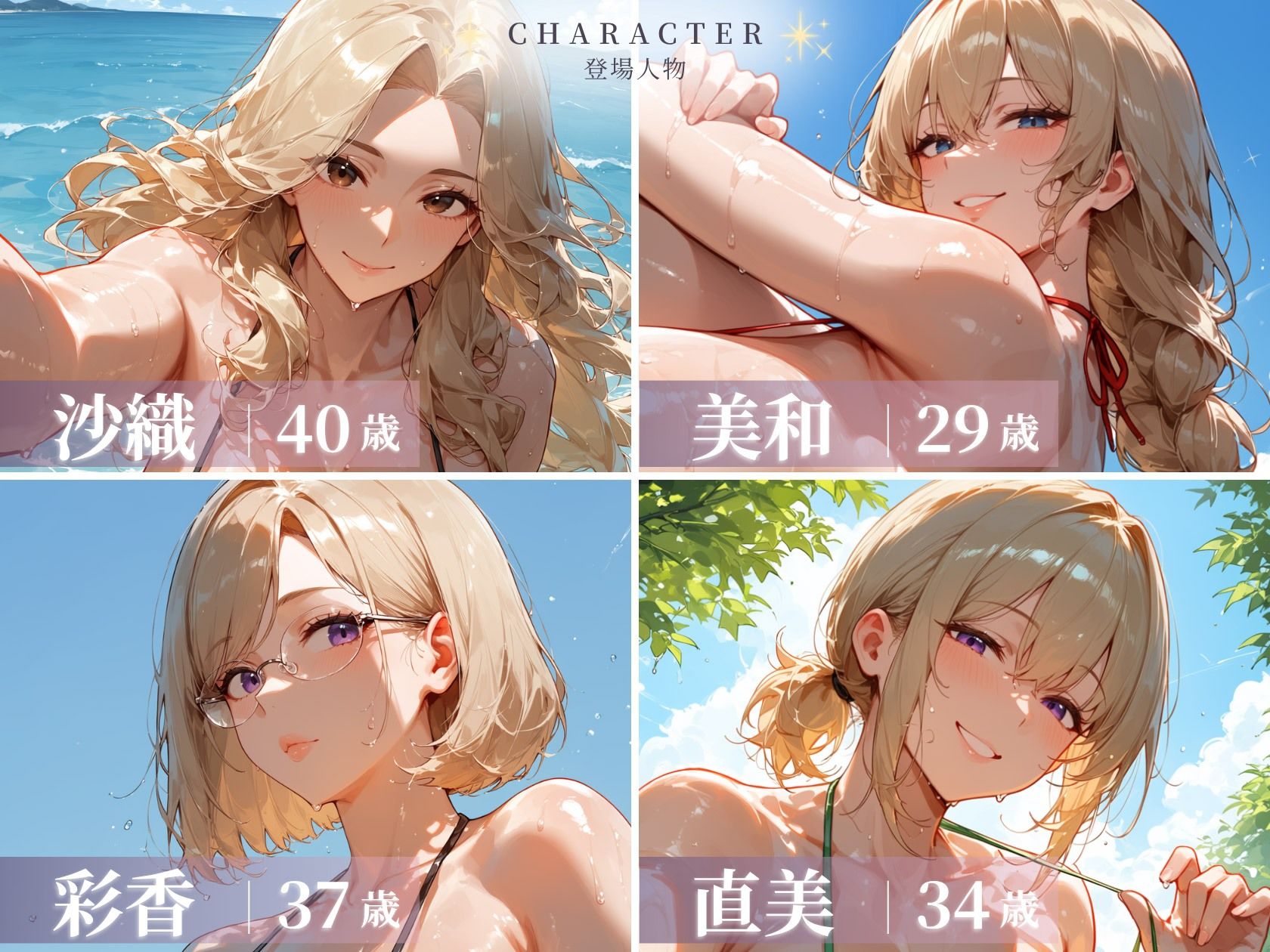 金髪人妻ハーレム 四人のマイクロビキニ 紐が肌に沈む音まで聞かせます サンプル4ページ目