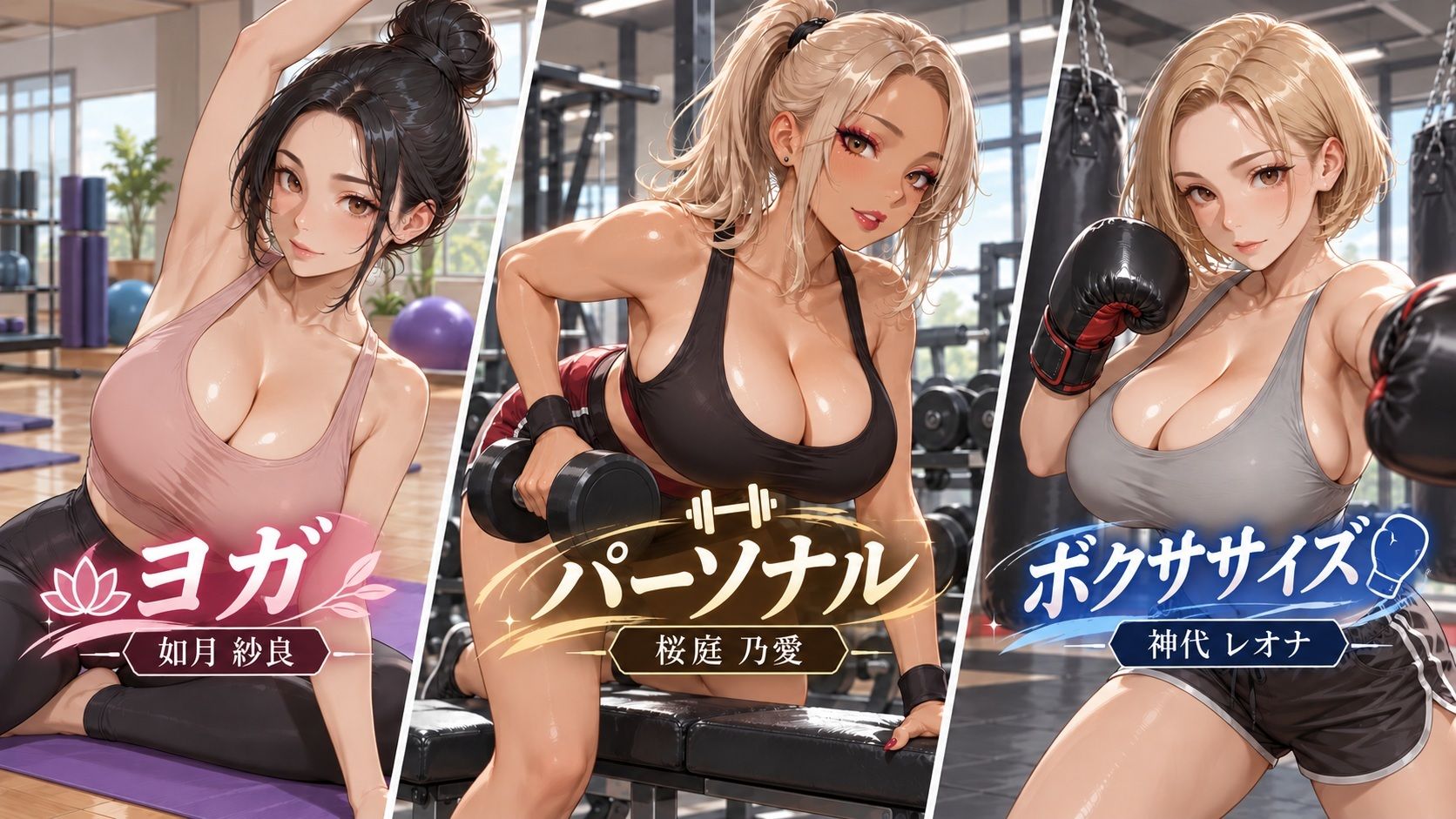 汗も拭かずに即SEX！トレーニング直後の爆乳美女インストラクター3人と濃厚中出し！ サンプル1ページ目