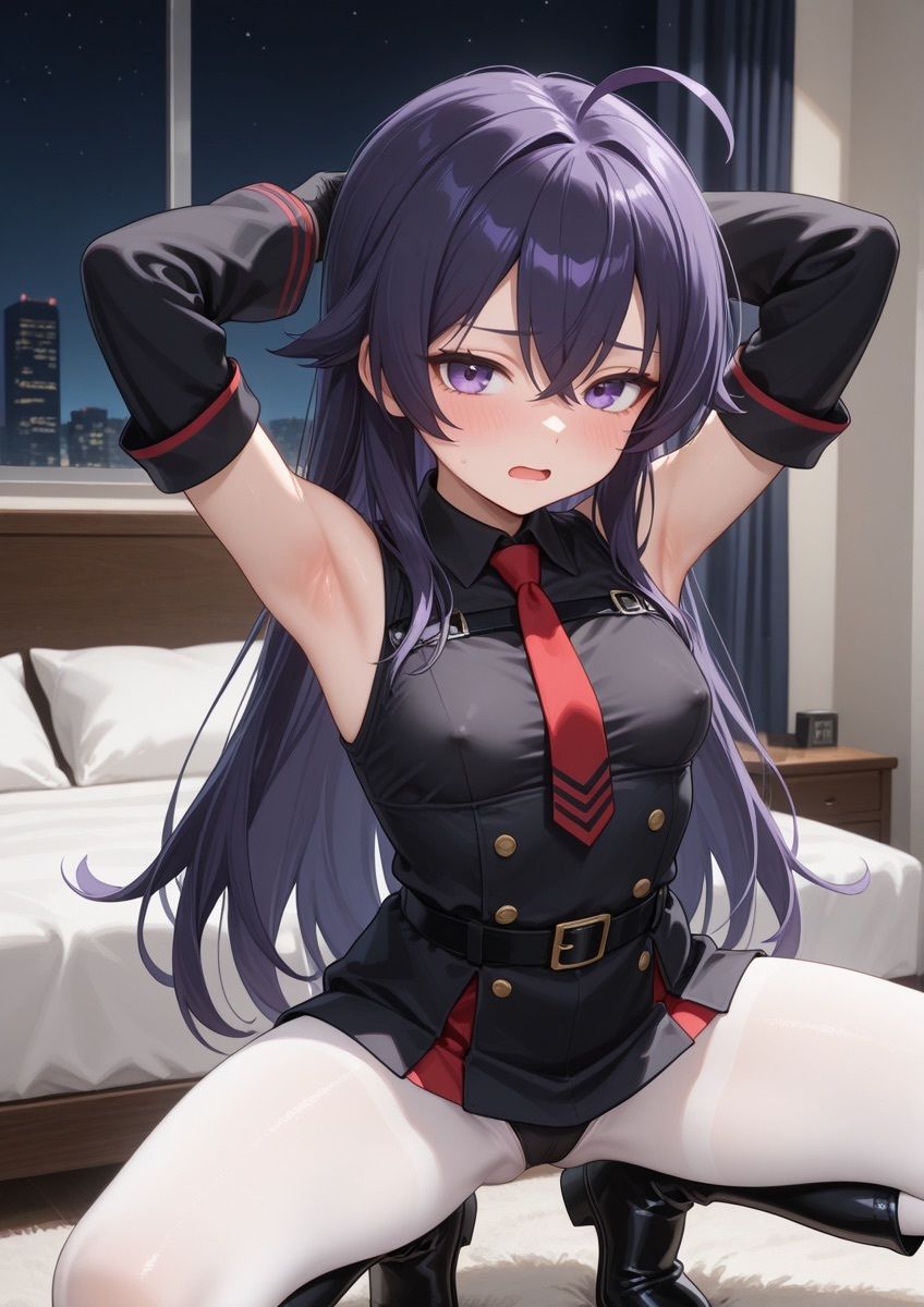 ミリタリー風の衣装の女の子がセクシーポーズで押し倒されてるやつ 1 サンプル2ページ目