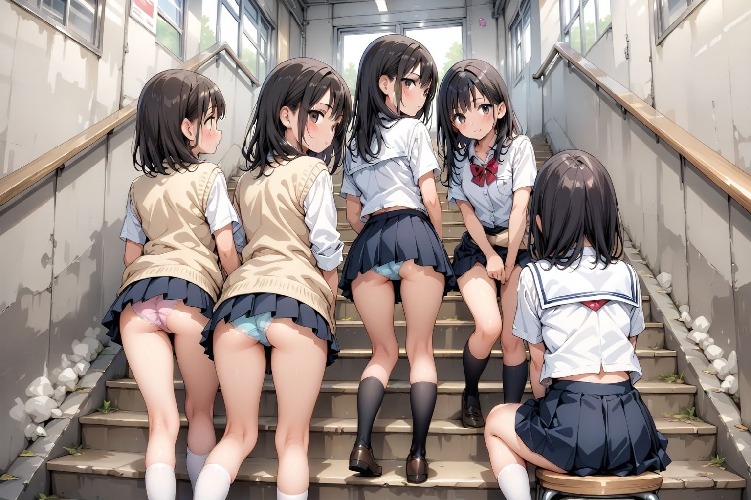 【アニメ5分、イラスト100枚超】制服ミニスカ階段パンチラ♪デフォルトで下着を見せている「超」激ミニのピッチピチな女の子たちがたくさん行き交う、某・学園都市の階段♪スカートのなかの、ムッチムチな太もも、いろとりどりの生パンティーやブルマっぽいインナー、プルップル揺れるお尻♪「えっ、なになに？うちらのパンツとお尻を観察したいの？ヘンタイじゃんッ！」 サンプル2ページ目