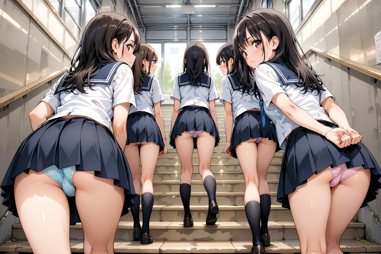 【アニメ5分、イラスト100枚超】制服ミニスカ階段パンチラ♪デフォルトで下着を見せている「超」激ミニのピッチピチな女の子たちがたくさん行き交う、某・学園都市の階段♪スカートのなかの、ムッチムチな太もも、いろとりどりの生パンティーやブルマっぽいインナー、プルップル揺れるお尻♪「えっ、なになに？うちらのパンツとお尻を観察したいの？ヘンタイじゃんッ！」 サンプル3ページ目