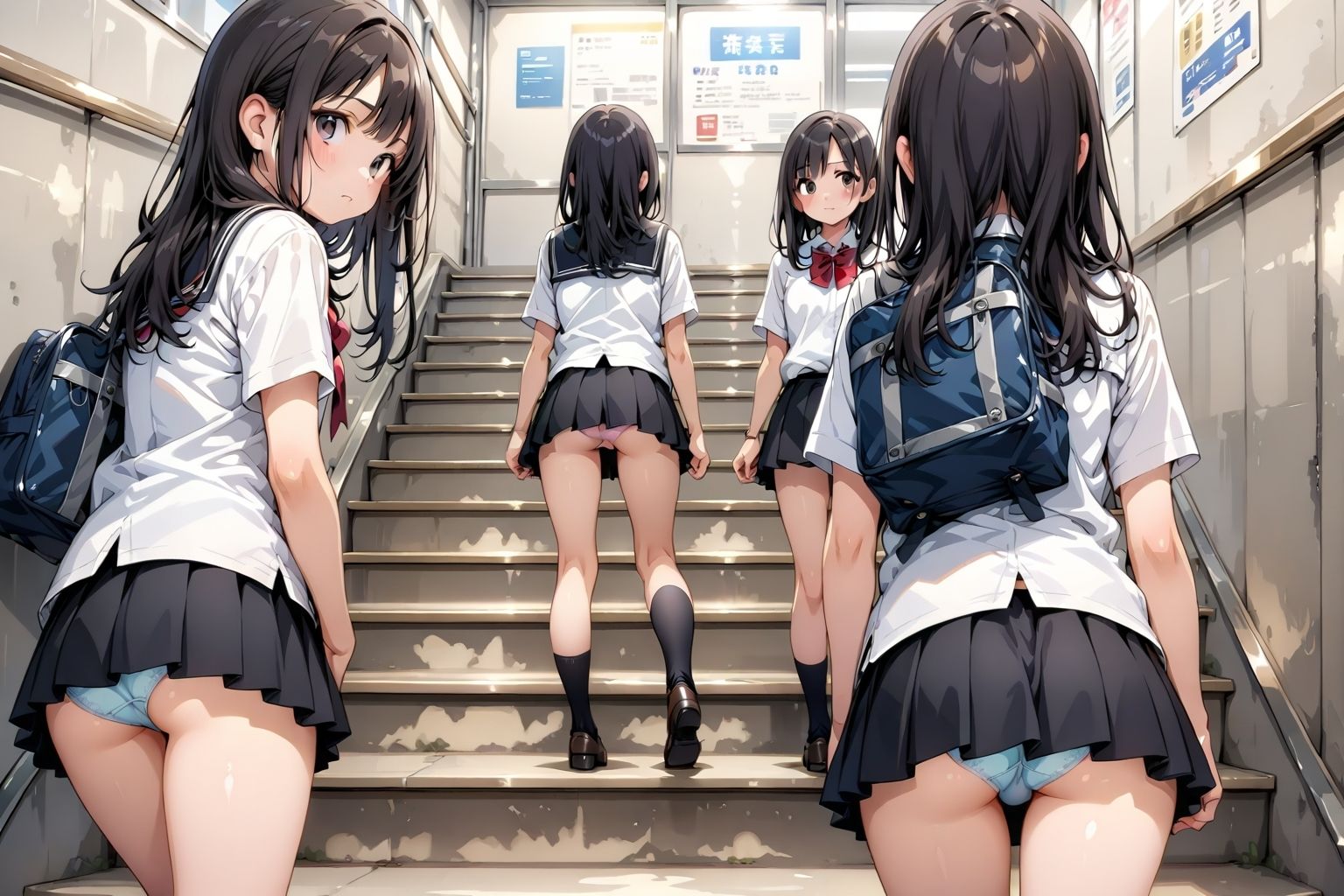 【アニメ5分、イラスト100枚超】制服ミニスカ階段パンチラ♪デフォルトで下着を見せている「超」激ミニのピッチピチな女の子たちがたくさん行き交う、某・学園都市の階段♪スカートのなかの、ムッチムチな太もも、いろとりどりの生パンティーやブルマっぽいインナー、プルップル揺れるお尻♪「えっ、なになに？うちらのパンツとお尻を観察したいの？ヘンタイじゃんッ！」 サンプル6ページ目