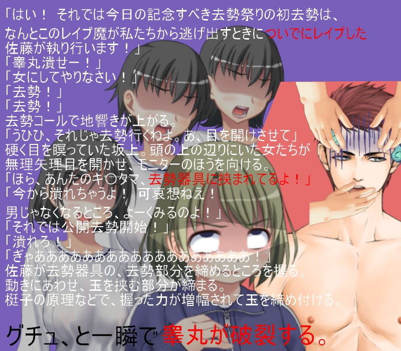 レイパーホイホイ金責め去勢！ 闇サイトでレ●プ共犯に応募する男。しかしそれはレ●プ魔狩りをしている女性集団の罠だった！ 無人の島で去勢リンチが始まる！ サンプル4ページ目