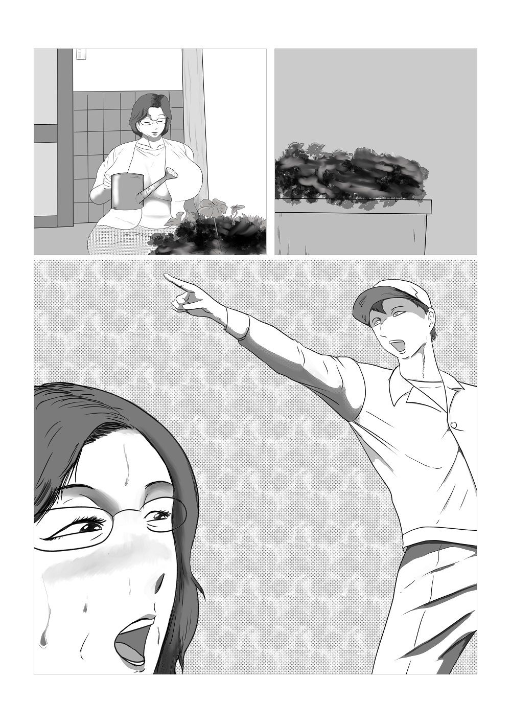 夫は銀行勤めで経済的にはそれほど困ってはいないが趣味のガーデニングや孫のために内職をする五十路熟女と若者が午前中からエッチする話 サンプル2ページ目