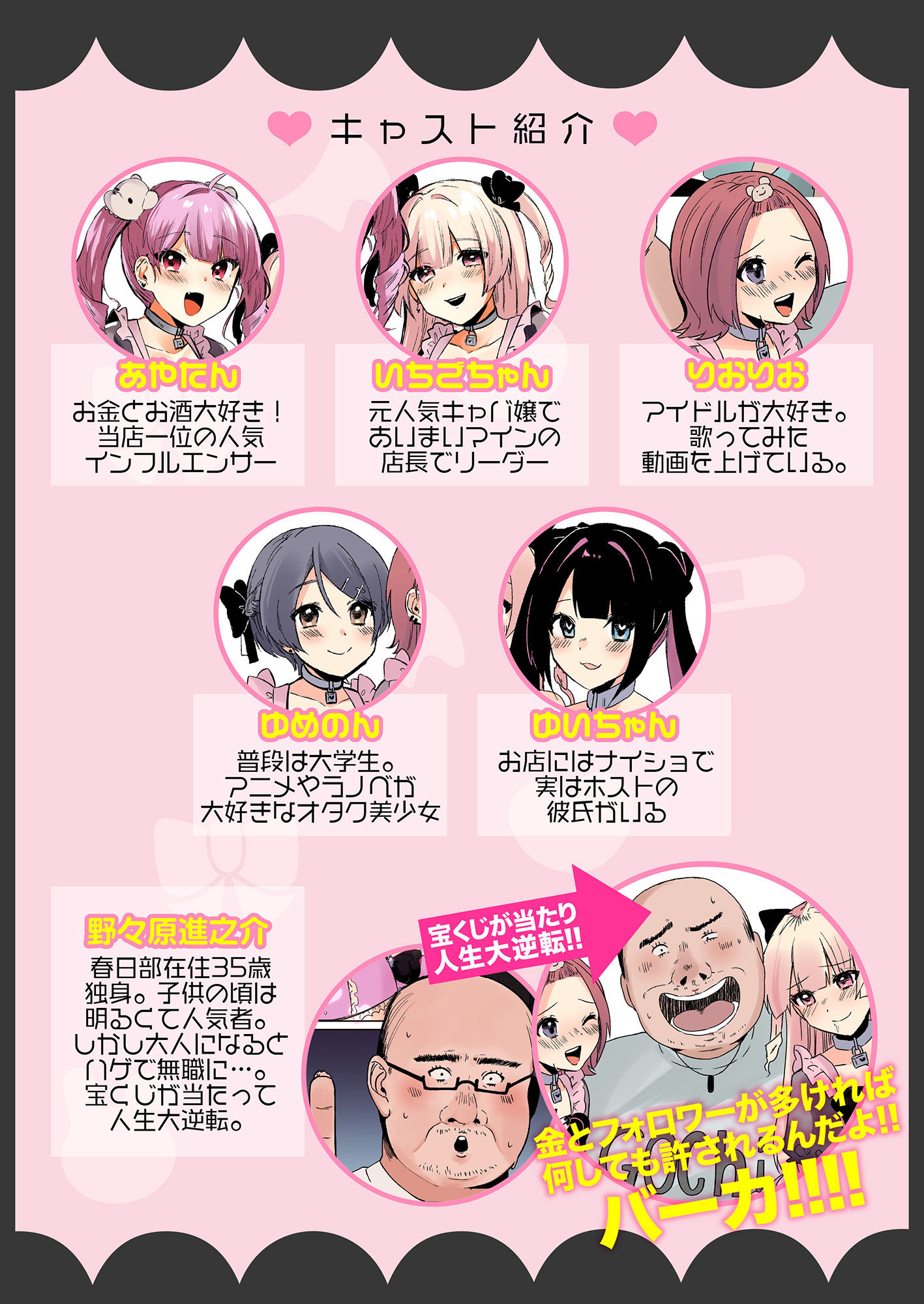量産型＆地雷系歌舞伎町コンカフェ完全攻略！！モテないオッサンが宝くじを当てて大人気インフルエンサーになり人生大逆転するお話！ サンプル2ページ目