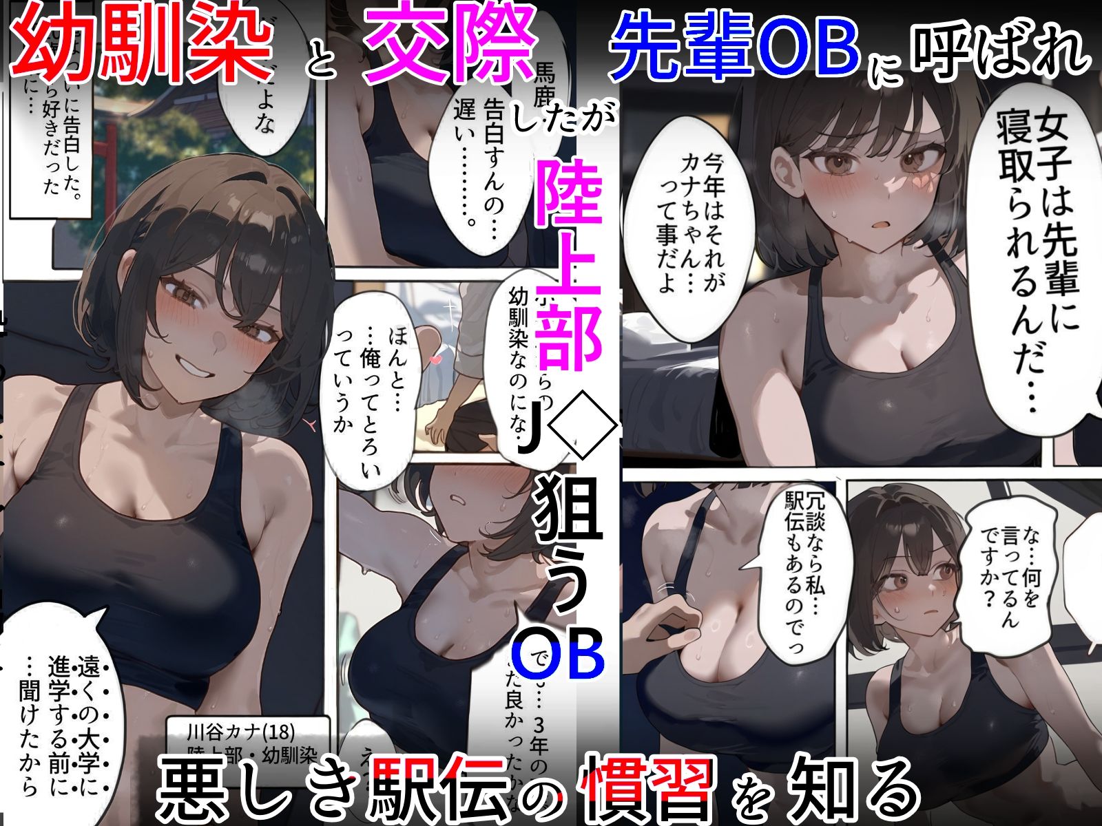 開催！寝取られ駅伝〜陸上女子は大会中に先輩OB達に中出し孕ませられても繋げ！精子塗れのバトンで優勝狙う！大学で遠距離になる前最後の幼馴染彼氏との初セックスは延期で色黒チャラ男OBに寝取られる話 サンプル1ページ目