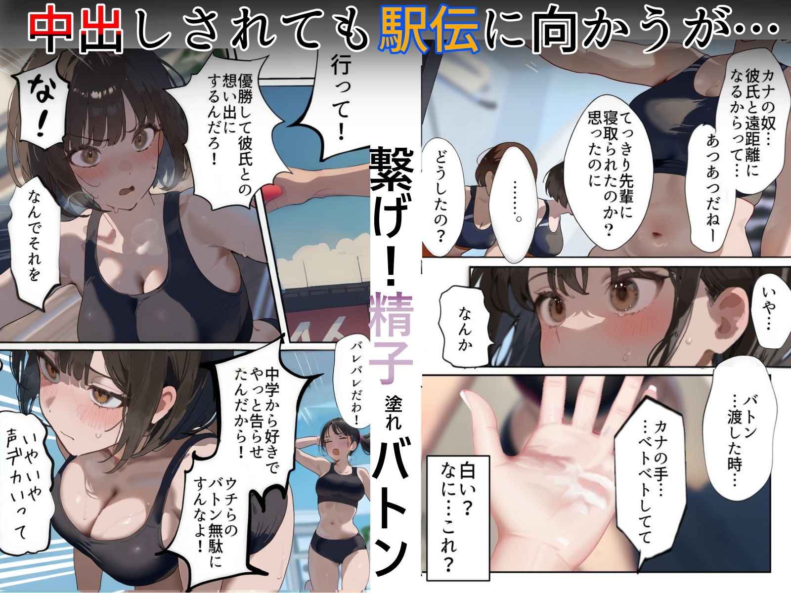 開催！寝取られ駅伝〜陸上女子は大会中に先輩OB達に中出し孕ませられても繋げ！精子塗れのバトンで優勝狙う！大学で遠距離になる前最後の幼馴染彼氏との初セックスは延期で色黒チャラ男OBに寝取られる話 サンプル7ページ目