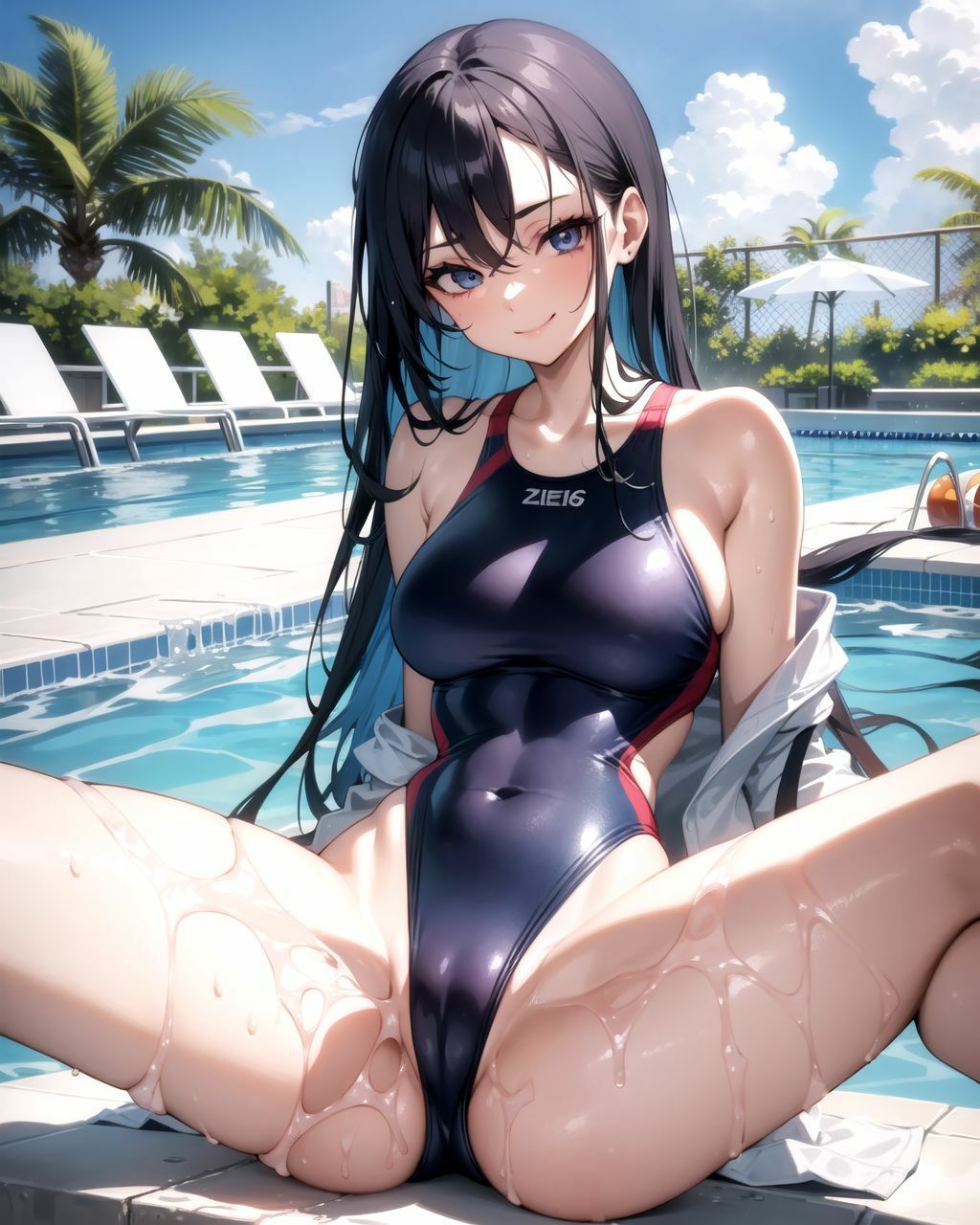 ハイレグ競泳水着の同級生が股をひろげて誘惑してくるイラスト集 サンプル2ページ目