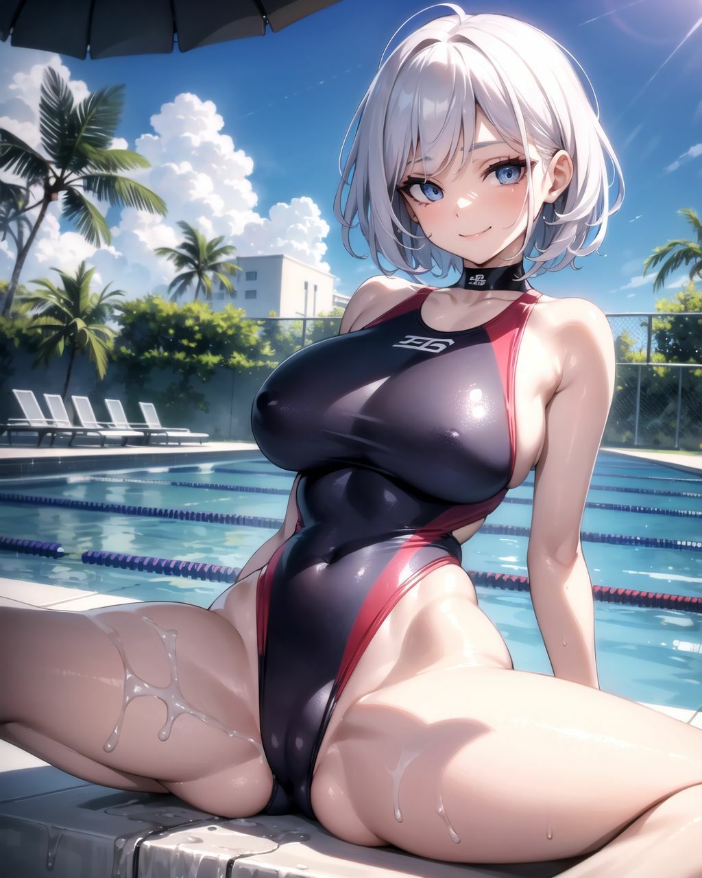 ハイレグ競泳水着の同級生が股をひろげて誘惑してくるイラスト集 サンプル4ページ目
