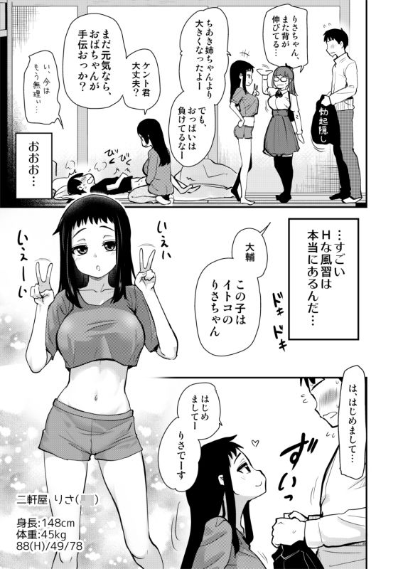 Hな風習がある義母の田舎で、初対面の従妹とHする話。 サンプル3ページ目