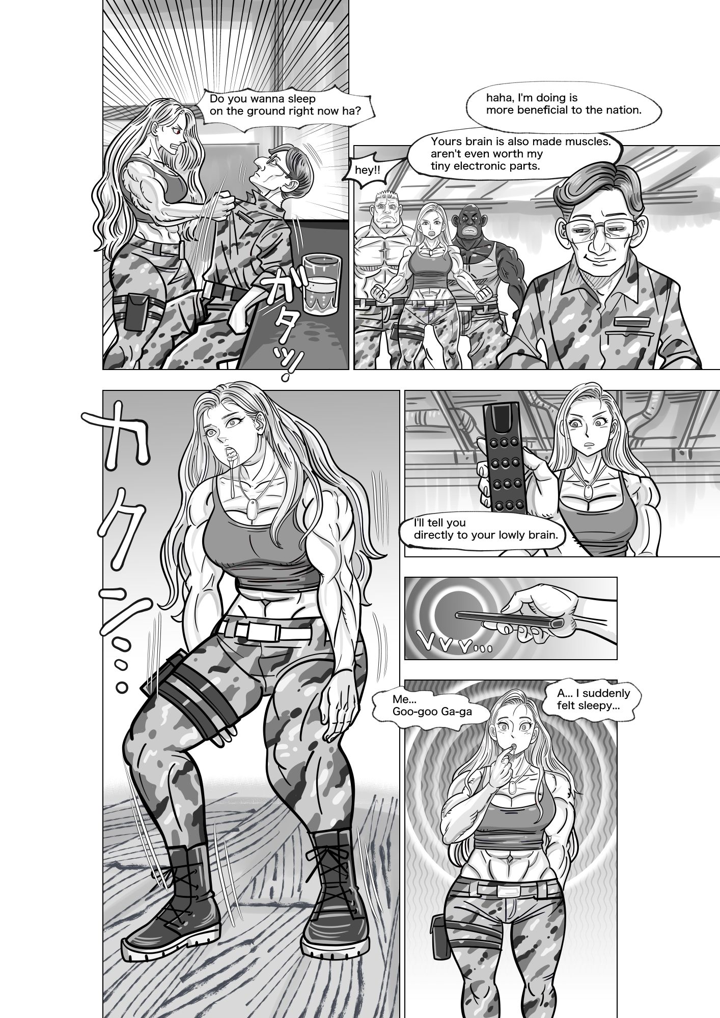 A comic where a female soldier is controlled as she pleases with a remote control 12 pages. サンプル2ページ目