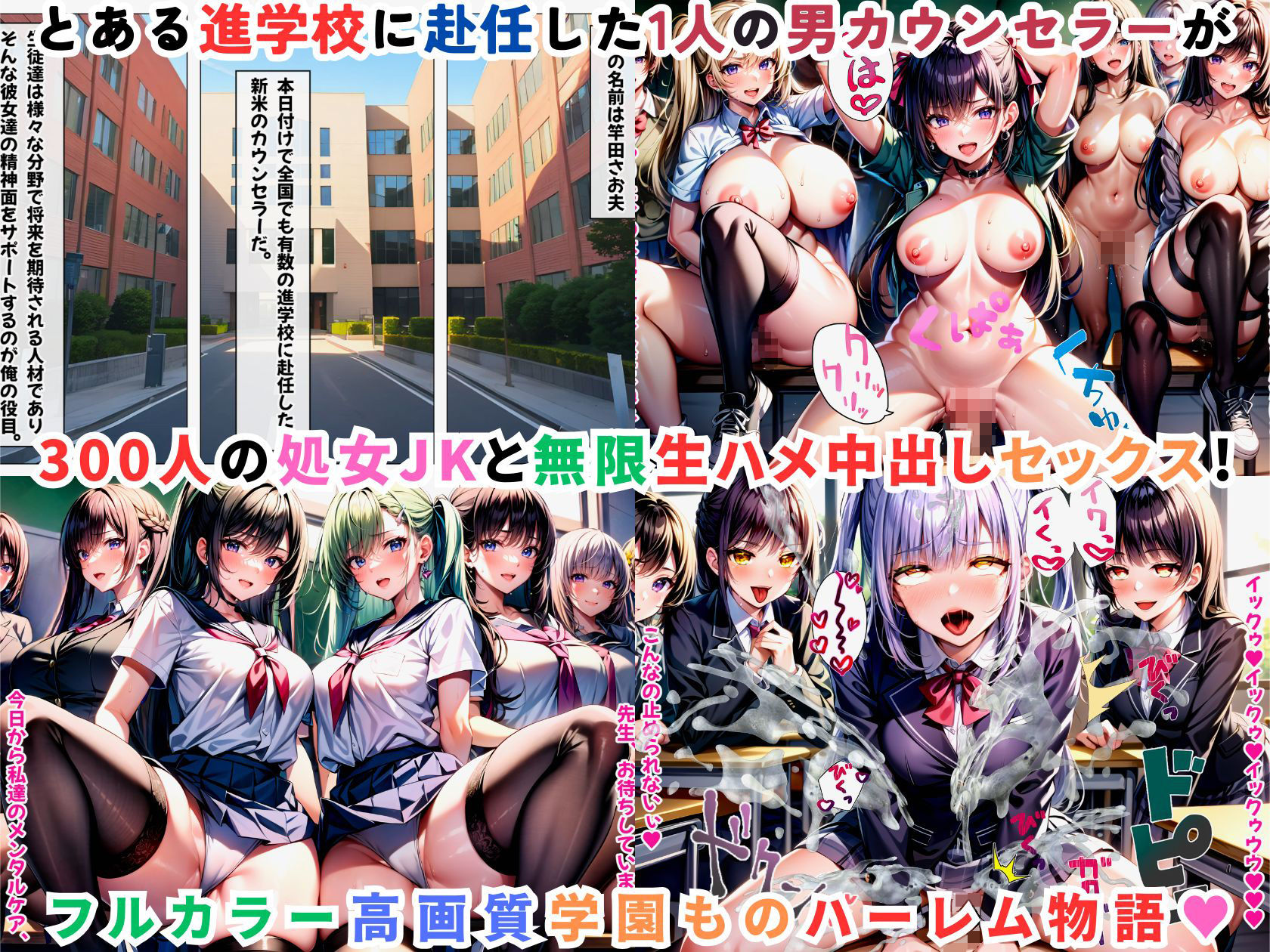 JKハーレム学園〜ハメてもハメても終わらない女子校生だらけのハーレム中出し学園生活〜【1ぺージ1コマのマンガ風完全ストーリー】 サンプル1ページ目