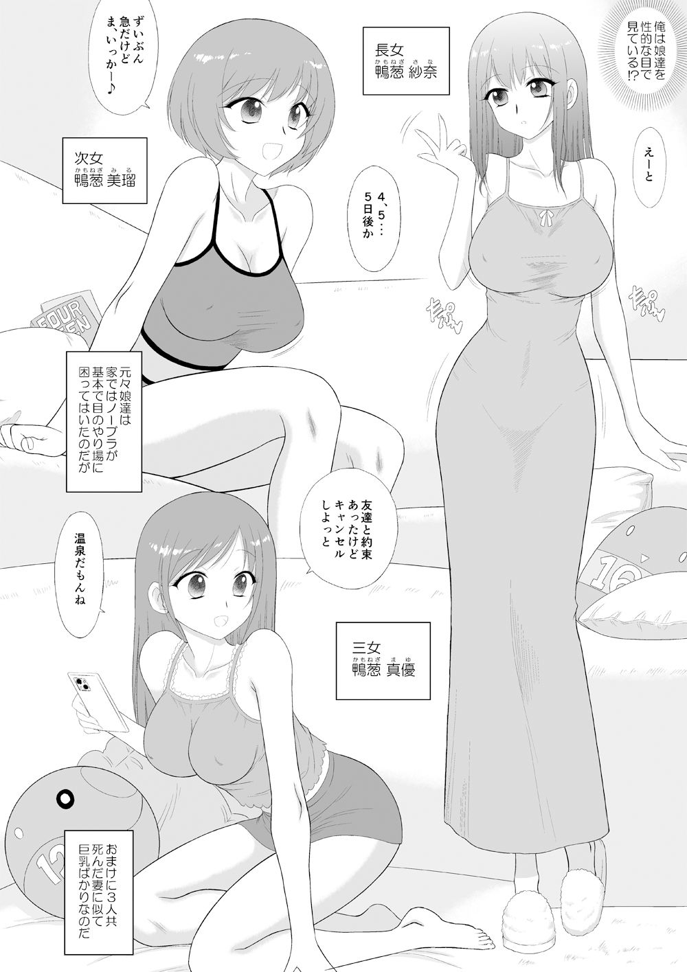 美人三姉妹と父親と叔父が混浴温泉に行きました。 サンプル1ページ目