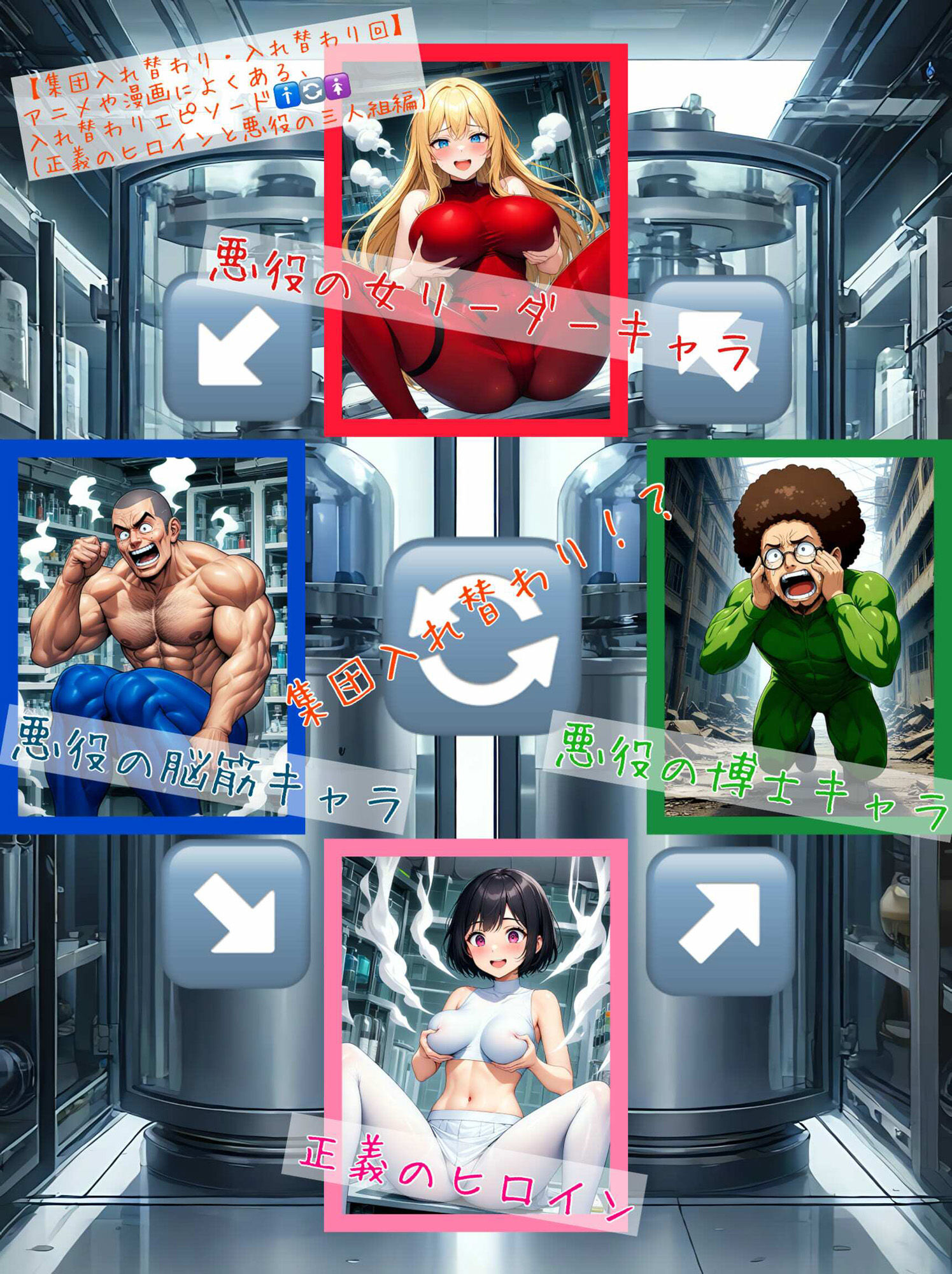 【集団入れ替わり・入れ替わり回】アニメや漫画によくある、入れ替わりエピソード（正義のヒロインと悪役の三人組編） サンプル1ページ目