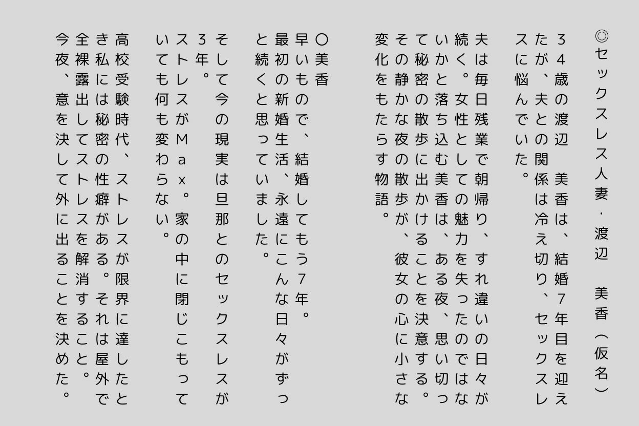 告白します！私の性癖、34歳主婦 全裸露出プレイ サンプル1ページ目