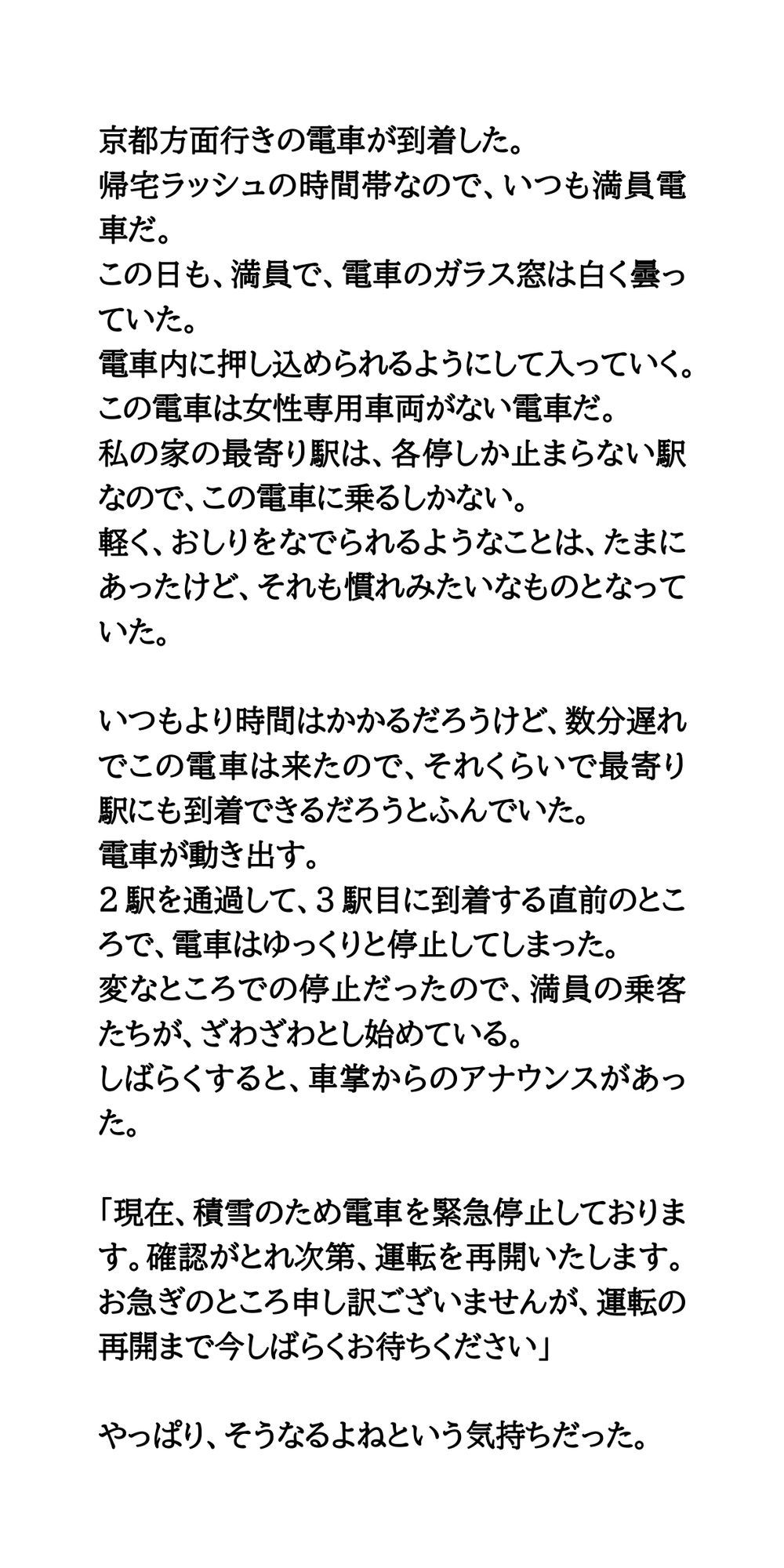 積雪で10時間電車内に閉じ込め。我慢が限界に達して失禁してしまった話 サンプル2ページ目