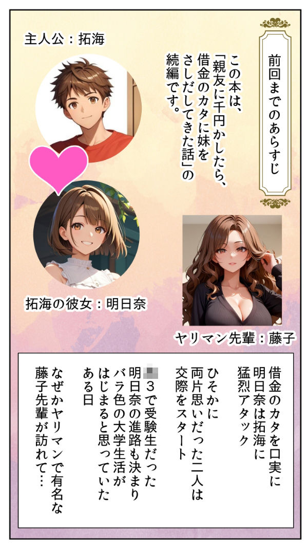 寝取られた純愛！  ヤリマン先輩の罠に嵌められたら、友達の妹にお清めSEXを強要された話 サンプル1ページ目
