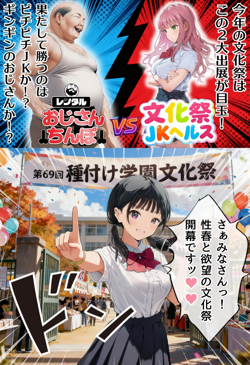 【大乱交】文化祭JKヘルス VS レンタルおじさんちんぽ サンプル1ページ目