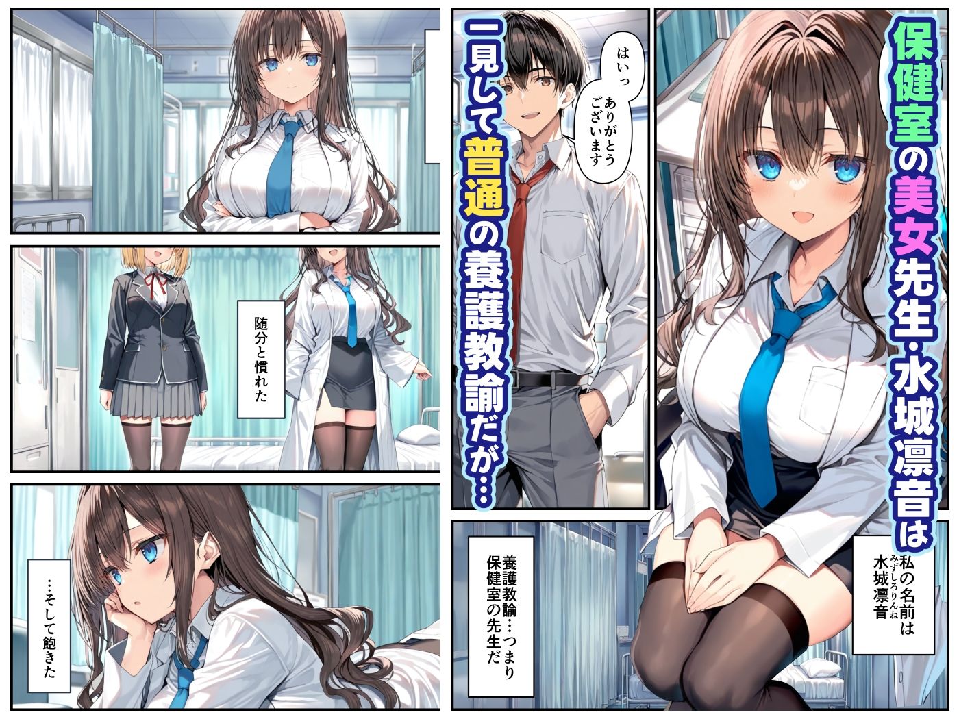 クールぶってるドスケベ保健室の先生が、男子生徒のデカチンポに敗北絶頂潮吹きする話。 サンプル1ページ目