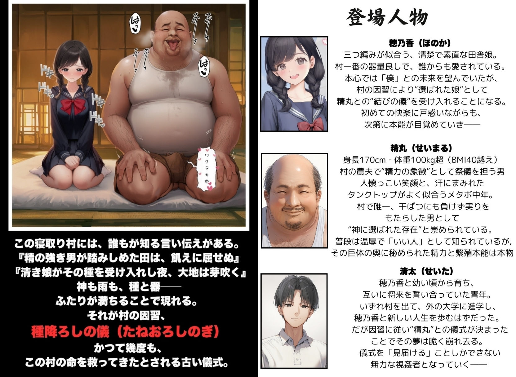 【因習村】村の飢饉を救うため差し出された僕の彼女、BMI40越えで性欲だけはいっちょまえの種付けおじさんに媚薬を飲まされ、おじさん特有のねちっこい前戯で全身べちょべちょに舐められたあげく、聖なる肉棒（チンカス付き）の掃除を実施！ その後はついに処女おまんこにゴールイン！入念かつ丹念にがん突きにされ、イキまくりんぐ！一晩中汗だくで連続絶頂アクメを決めさせられた話。 「穂乃香ぁ〜、オラの精、まるごと受け止めてくんろぉ〜〜！」 サンプル1ページ目