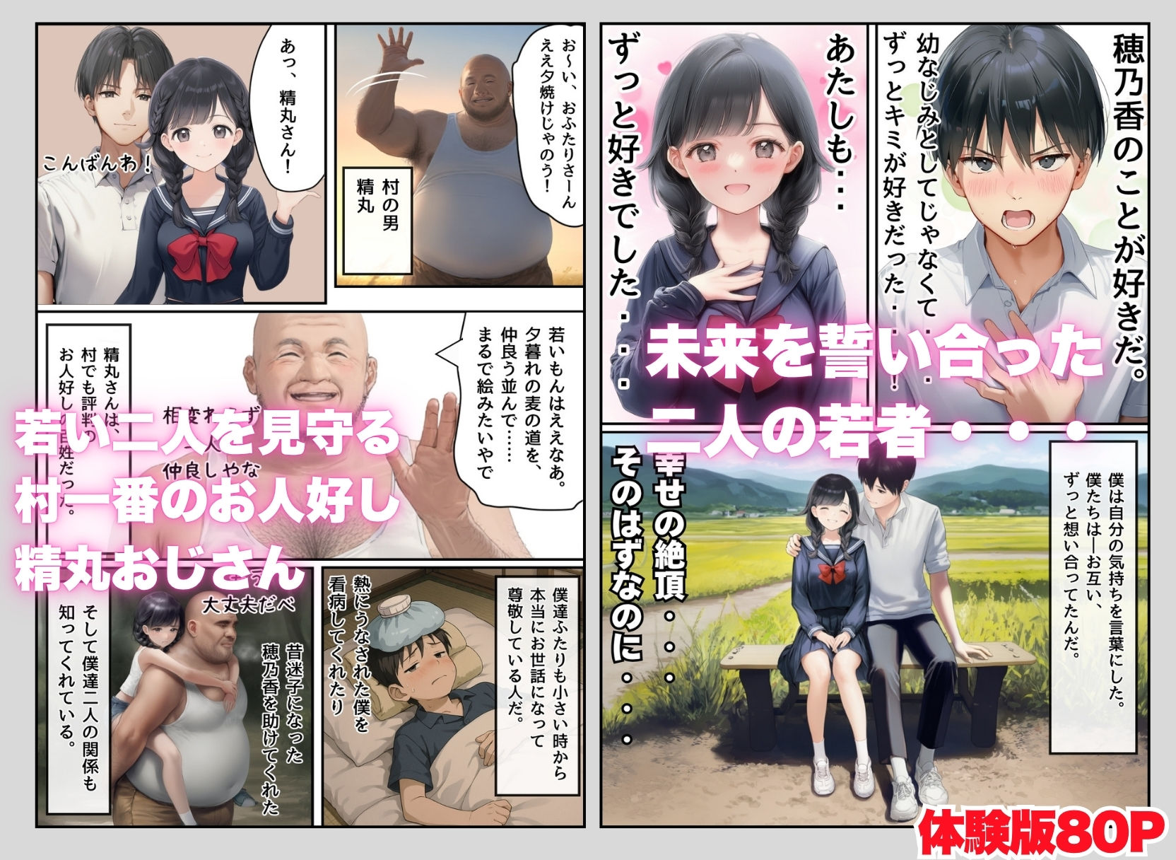 【因習村】村の飢饉を救うため差し出された僕の彼女、BMI40越えで性欲だけはいっちょまえの種付けおじさんに媚薬を飲まされ、おじさん特有のねちっこい前戯で全身べちょべちょに舐められたあげく、聖なる肉棒（チンカス付き）の掃除を実施！ その後はついに処女おまんこにゴールイン！入念かつ丹念にがん突きにされ、イキまくりんぐ！一晩中汗だくで連続絶頂アクメを決めさせられた話。 「穂乃香ぁ〜、オラの精、まるごと受け止めてくんろぉ〜〜！」 サンプル2ページ目