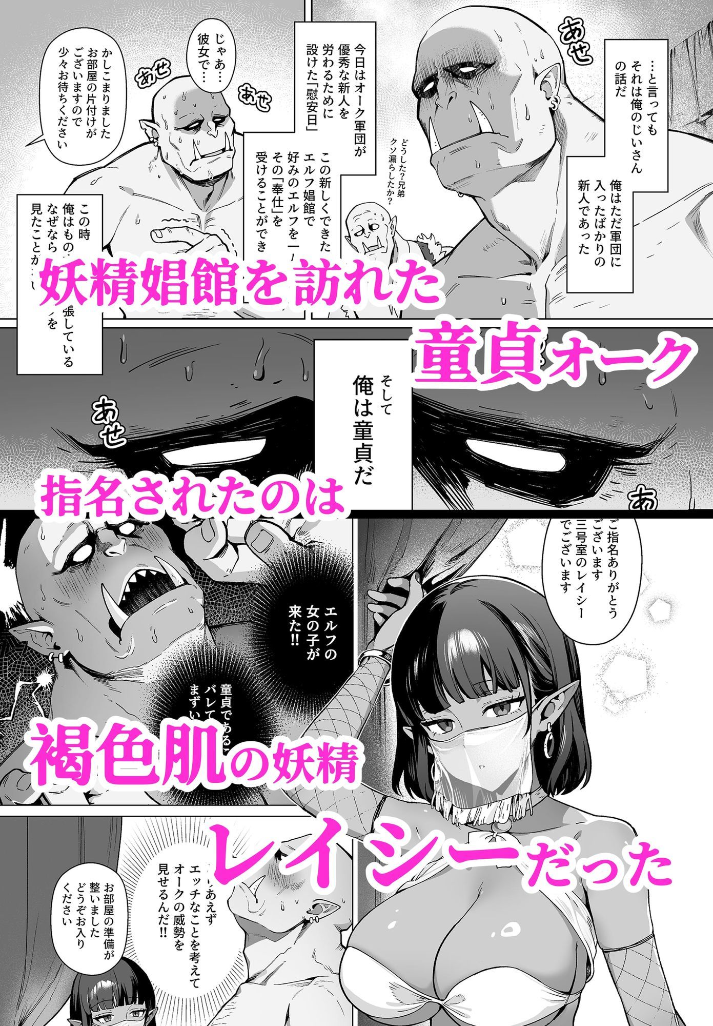 妖精娼館 3号室レイシー 〜褐色肌エルフを指名した童貞オーク〜 サンプル1ページ目