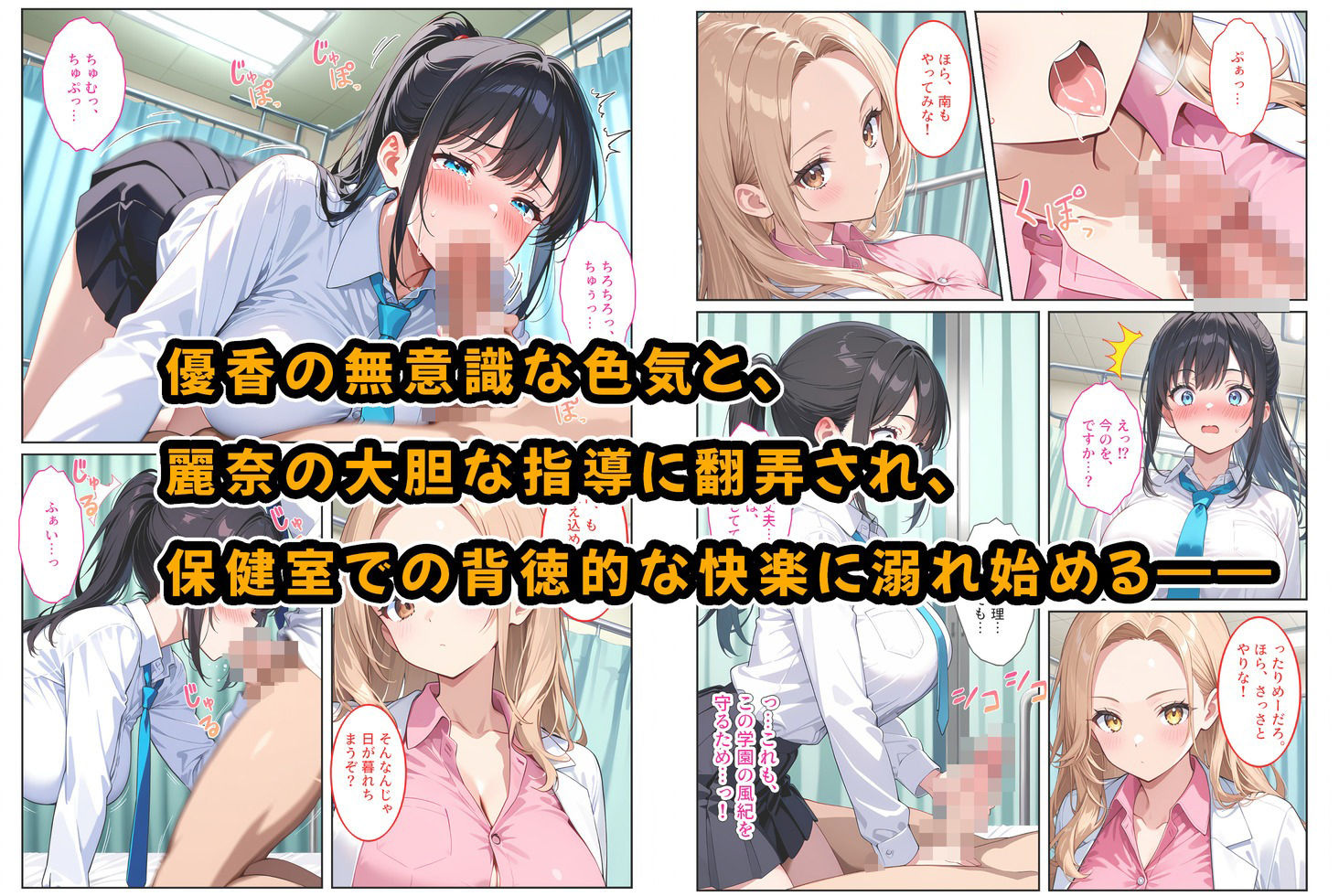 快楽に目覚めた無垢な爆乳風紀委員長とドMなギャル保健医に射精管理されています！ サンプル8ページ目