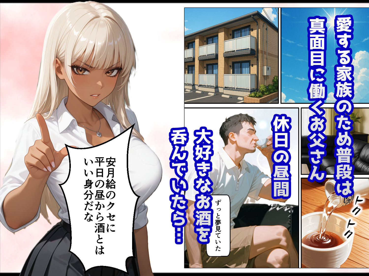 普段はマジメなお父さん、宅飲みで酔って寝ていたらお小遣いをもらいにきた白ギャルな姪っ子にイタズラされてしまう サンプル1ページ目
