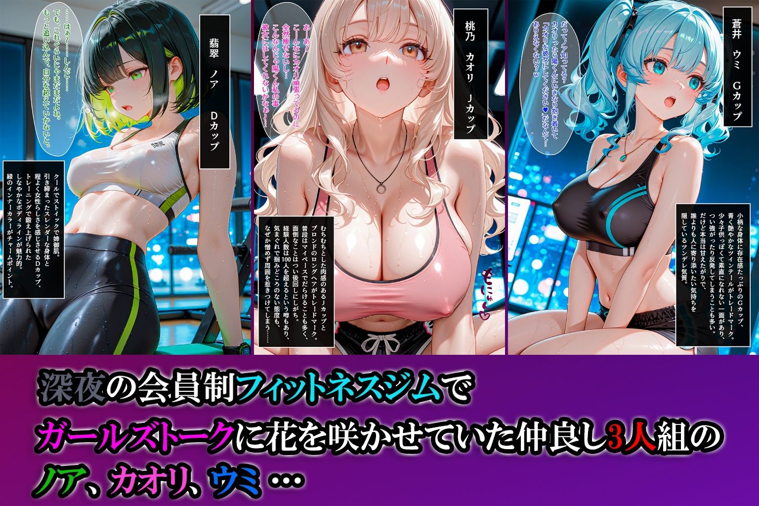 【フルカラーコミック♪】深夜のフィットネスジムでガールズトークしていたら…突如現れた男たちに媚薬漬けにされて止まらない快感エクササイズ強●参加！ サンプル1ページ目