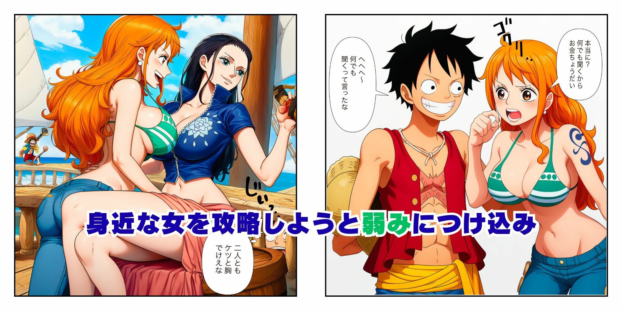 ハーレムSEX  ワンピ美女が（ナミ・ロビン・蛇娘）ルフィと快楽堕ちバトル サンプル3ページ目