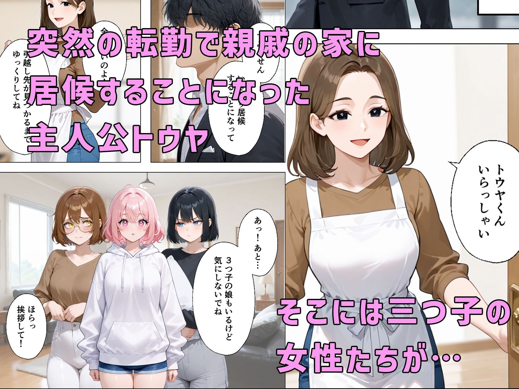 居候先の三つ子とえっちな関係になってしまう！？ サンプル1ページ目