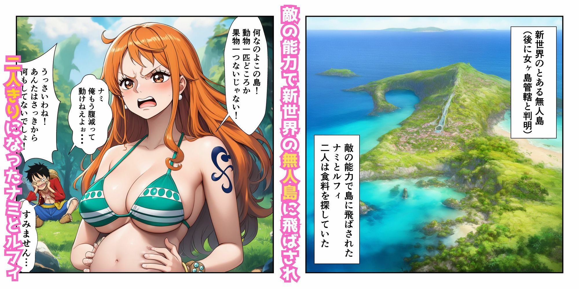 ハンコックの夜●いでルフィ覚醒！ ナミ＆ハンコック無人島イチャラブ中出し サンプル1ページ目