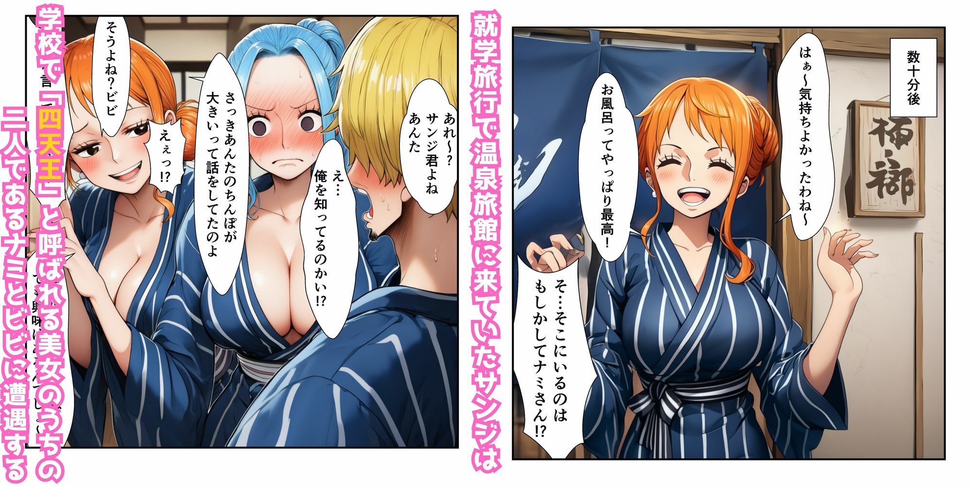ハーレム温泉修学旅行で学園四天王美女に中出し！【ナミ・ロビン・ビビ・ハ〇コック】 サンプル1ページ目