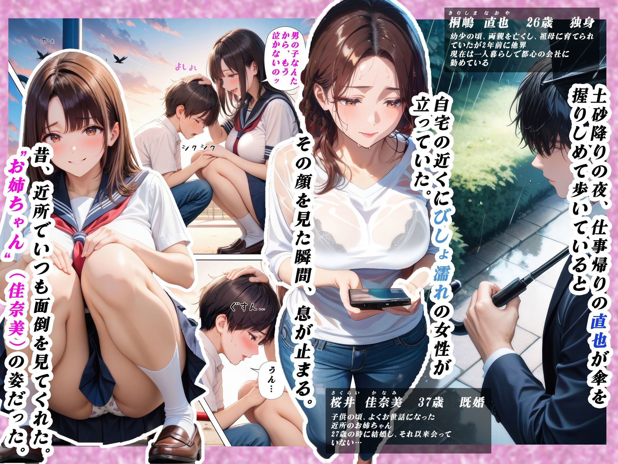 子○の頃よく遊んでくれた幼馴染みのお姉ちゃんと雨の中偶然再会 -外でも家の中でもびしょ濡れだった件- サンプル1ページ目
