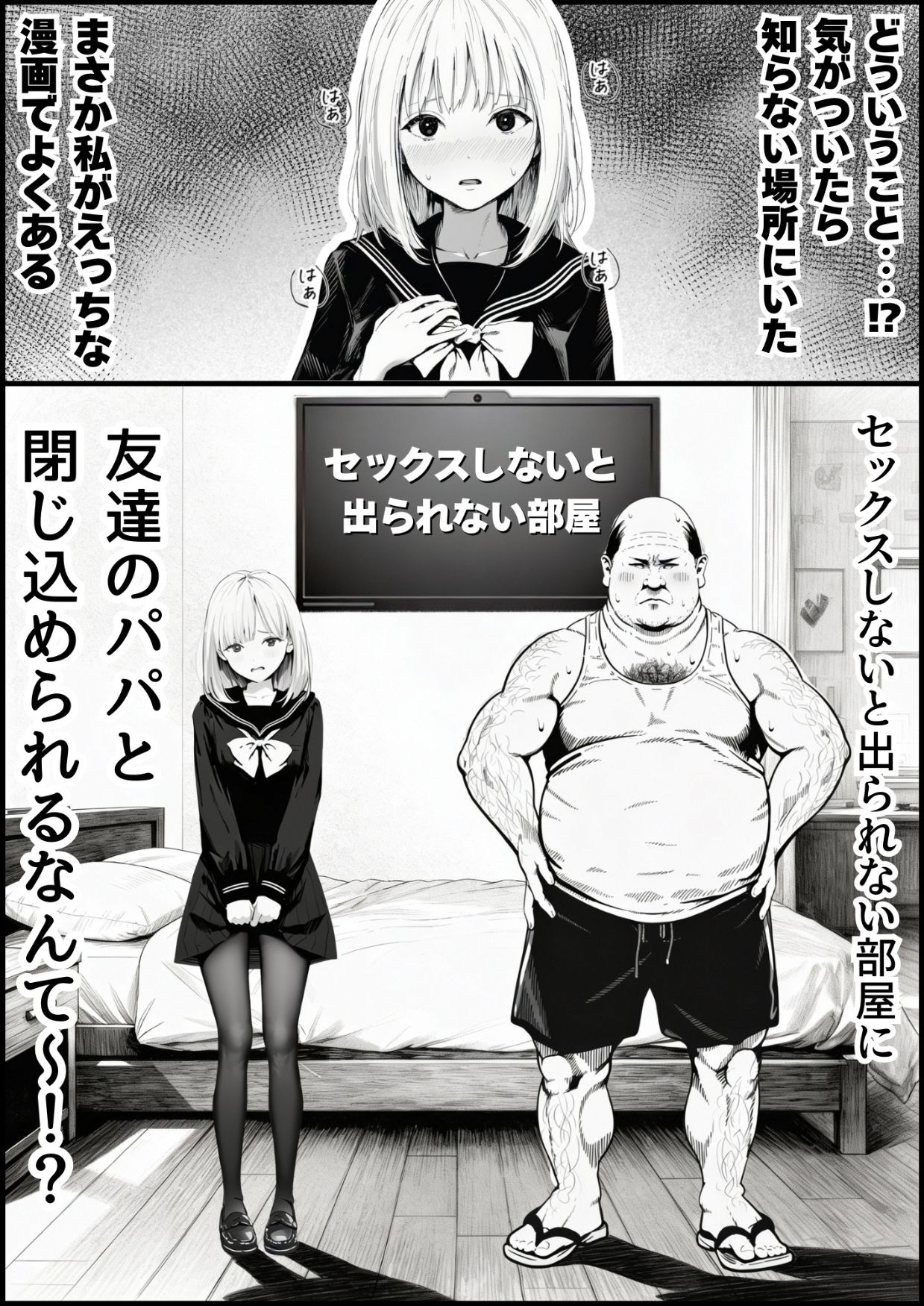 セックスしないと出られない部屋に親友のパパと閉じ込められたんですけど〜！？ サンプル1ページ目