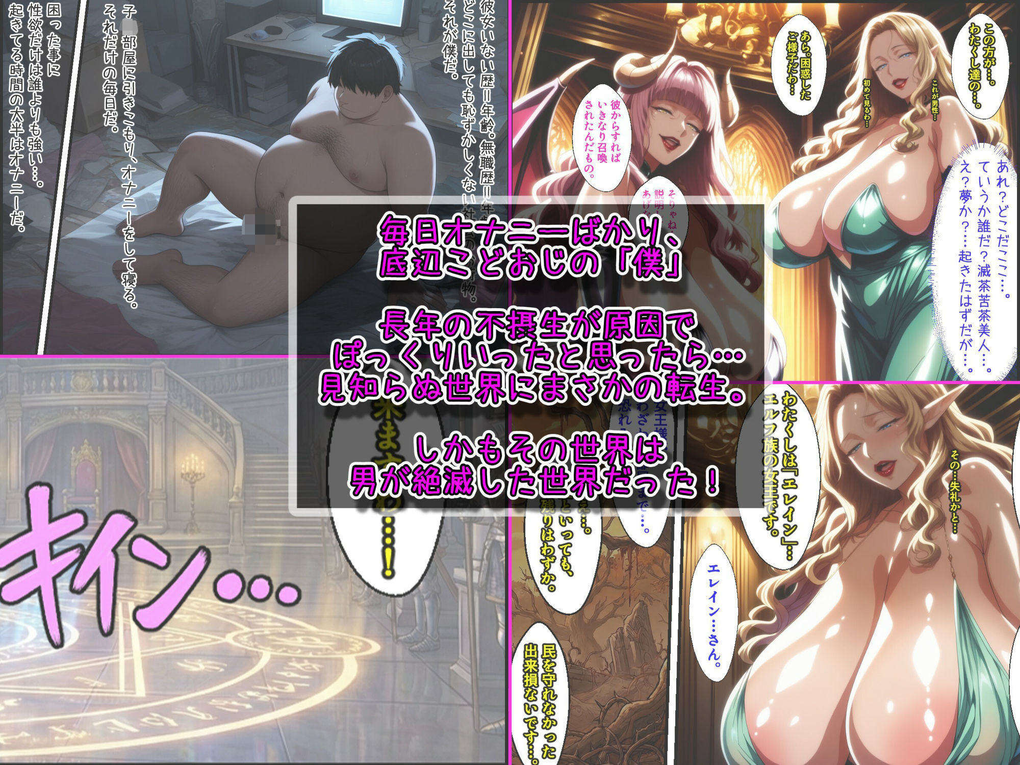 爆乳美女だけの世界に転生！爆乳サキュバス母娘も美熟女エルフ王女様も孕ませて世界を救う！ サンプル1ページ目