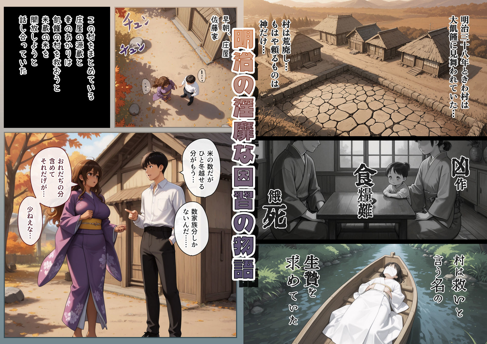 『明治助平浪漫譚』生贄にされた爆乳女は緊縛されてぬれぬれに、儀式はこれでヲハリ。「ムカサリ流し〜ヲハリ編」 サンプル1ページ目