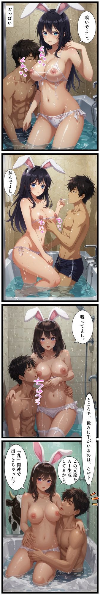 【漫画10ページ】ソープランドで働くバニーガール！バニーガールさんたちが、おっぱい、お尻、太もも、脚、お口で、お客様たちをキレイにします！AIイラストを生成後に、イラストに手を加えて、テキストを追加しました！ サンプル5ページ目