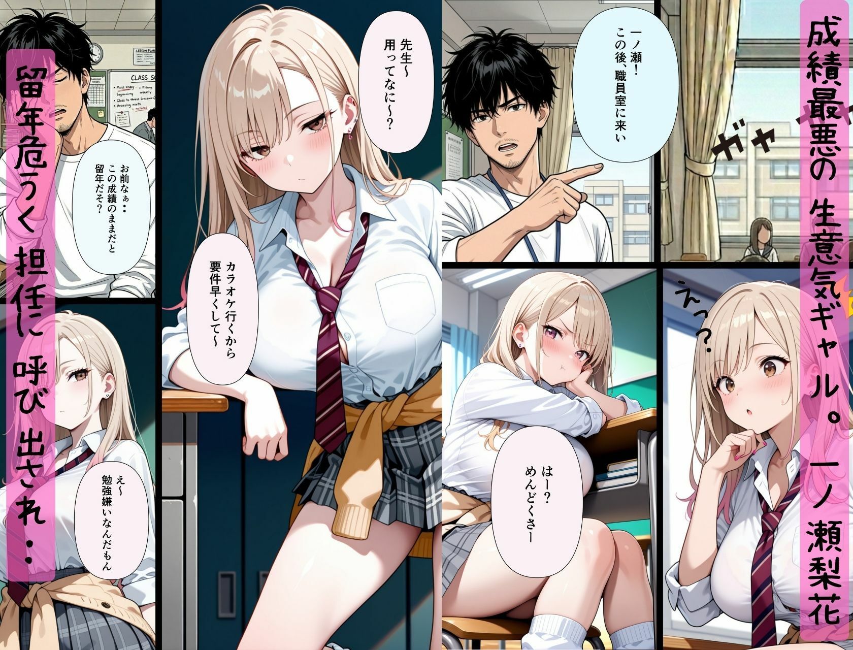 成績超悪の生意気ギャルは実は処女。放課後の補習で担任に「えっち教えて？」とおねだりし、完堕ちする話。 サンプル1ページ目