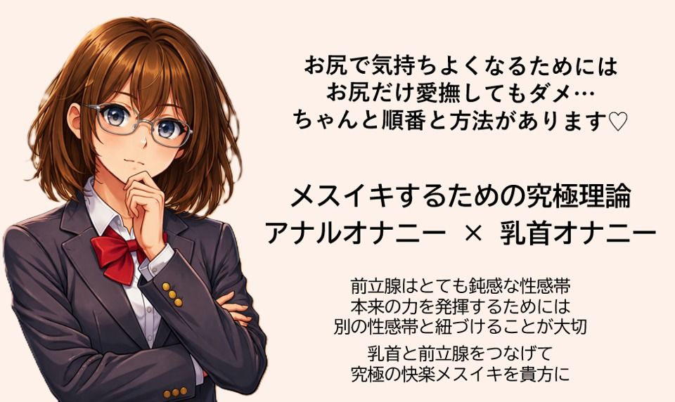 メスイキ達成のための 究極の方程式で絶頂を導く アナルオナニー×乳首オナニー   前立腺はとても鈍感な性感帯 本来の力を発揮するためには 別の性感帯を紐づけることが大切 乳首と前立腺をつなげて究極の快楽メスイキを貴方に サンプル1ページ目